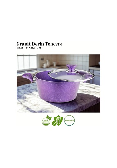 24 Cm Granit Derin Tencere Cam Kapak - Violet Violet