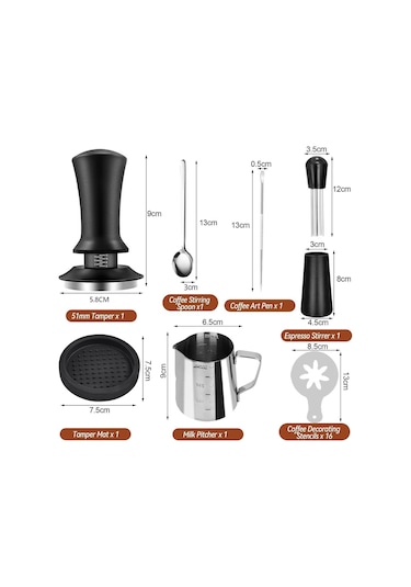 Mufunye Profesyonel 22 Parça Barista Seti: Espresso Temizleyici, Süt Köpürtücü Ve Kahve Sanatı Aletleri Siyah