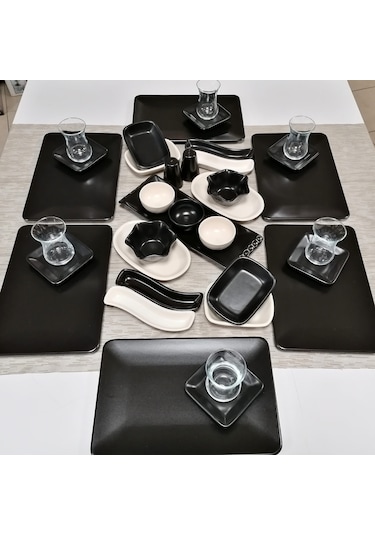 Keramika Takım Kahvaltı 36 Parça 6 Kişilik Mat Siyah Krem Siera Siyah