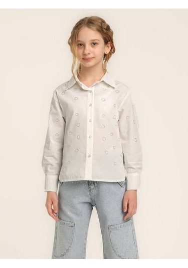 Kız Çocuk Pamuklu Uzun Kollu Taşlı Gömlek-15670 Beyaz