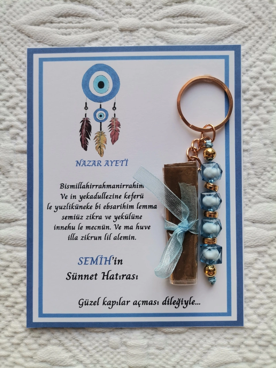 100 Adet Kişiye Özel Nazar Ayeti Sünnet Hatırası Dağıtmalık Hediyelik Mavi Renk Anahtarlık Ve Kına