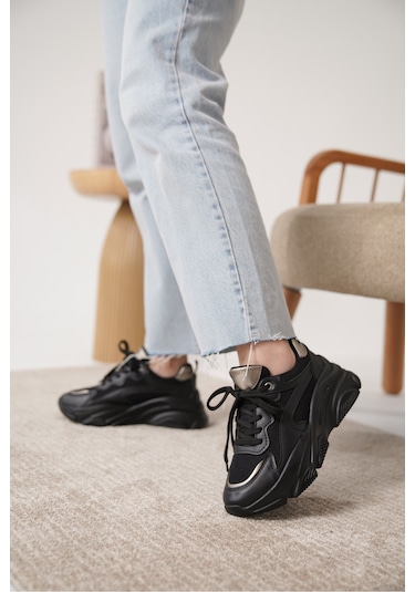 D383 Günlük Ortopedik Kadın Sneaker Spor Ayakkabı Siyah