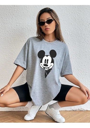 Hırsch Kadın Gri Oversize Mickey Mouse Baskılı Tshirt Gri