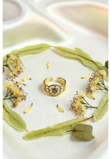 Gold Renkli Ayarlanabilir Taşlı Çelik Yüzük Altın