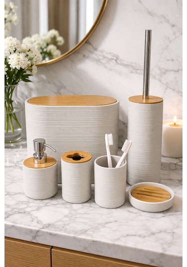 Makri Home 6 Parça Krem Banyo Seti, Bambu Detaylı, 8l Çöp Kovası 24x26x16 Cm