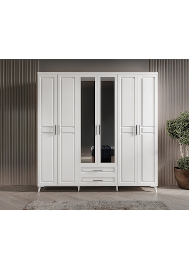 GuneyStore Gözde 6 Kapaklı Aynalı Komple MDF Beyaz Gardırop