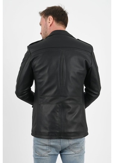 Alin Harrison Erkek Safari Siyah Deri Ceket-Altın