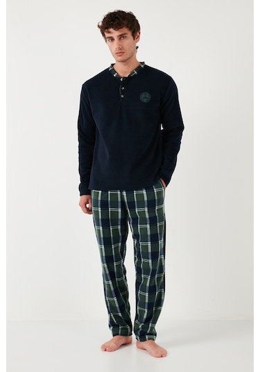 Buratti Ekose Regular Fit Bisiklet Yaka Kışlık Polar Erkek Pijama Takımı 609610013W4 Lacivert