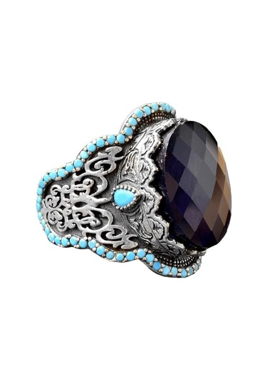 El Yapımı 925 Ayar Gümüş Erkek Yüzük Doğal Taş - Orta Doğu Kültürel Tasarımı Oniks Gümüş