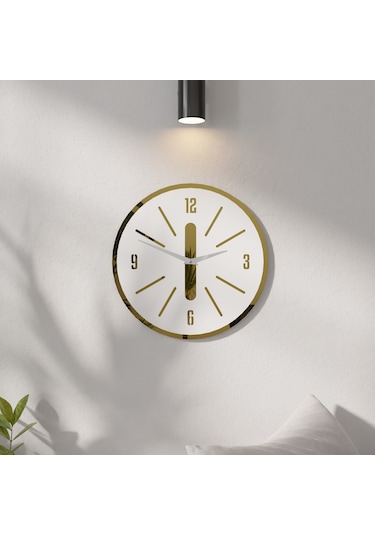 Minimalist Lüx Aynalı Pleklisi Ahşap Duvar Saati Beyaz - Altın