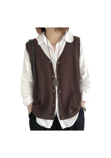 Kahve Kadın Örgü Yelek V Yaka Kolsuz Tek Sıralı Sıcak Yelek Düz Renk Bol Kesim Kahve