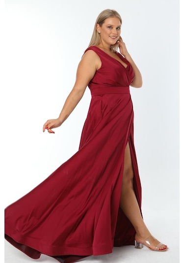 Ladies First Büyük Beden 3434 Bordo Uzun Abiye Elbise
