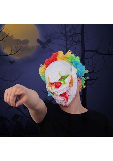 Shineyee Korkunç Renkli Paryalar İçin Vinil Kafatası Ve Sentetik Fiber Peruklu Halloween Clown Maskesi