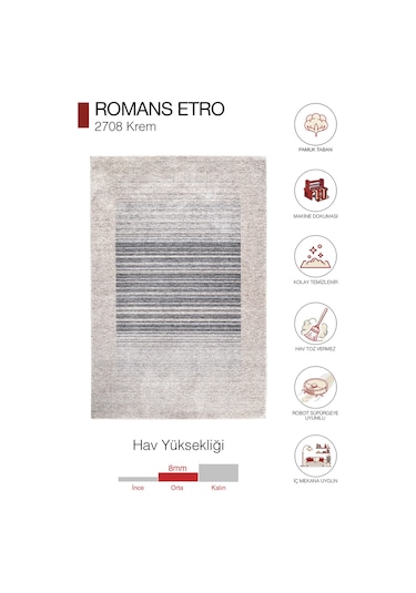 Romans Etro 2708 Krem - Spor Saçaklı Polyester Çizgili Çerçeveli Vintage Halı