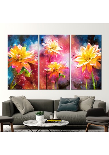 60x120cm 3 Parçalı Kanvas Tablo, Sarı Çiçek Boyama