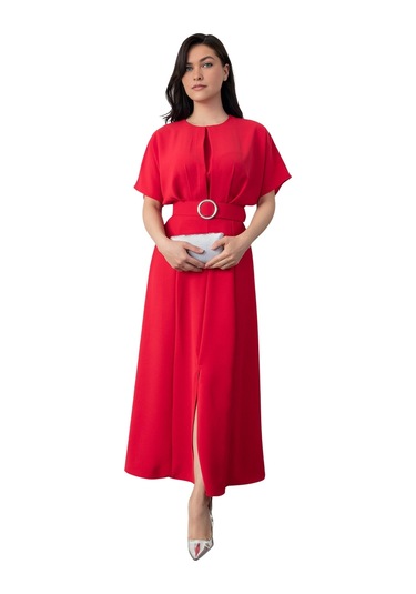 Bisiklet Yaka Pileli Yarasal Kol Kemerli Önden Yırtmaçlı Midi Boy Elbise Kırmızı