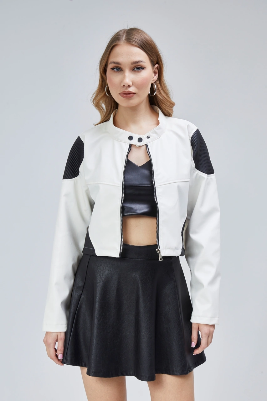 Kadın Oversize Fermuarlı Yaka Çıt Çıtlı Omuz Ve Etek Beyaz Desenli Kolej Yarışçı Ceket Motorcu Mont Beyaz-siyah