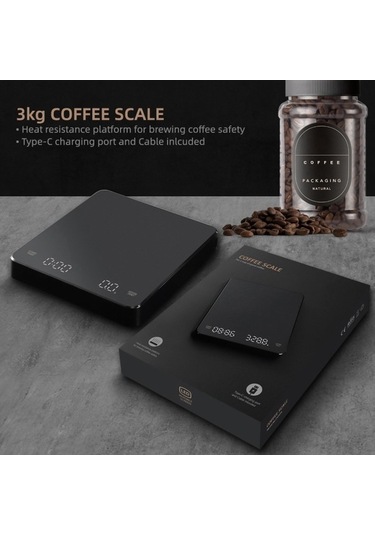 Createtech Profesyonel Kahve Terazisi: 0.1g Hassas, Zamanlayıcılı, Şarj Edilebilir, 3kg Kapasiteli Siyah Siyah
