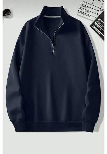 Dik Yaka Yarım Fermuarlı Düz Kazak Sweatshirt - Lacivert
