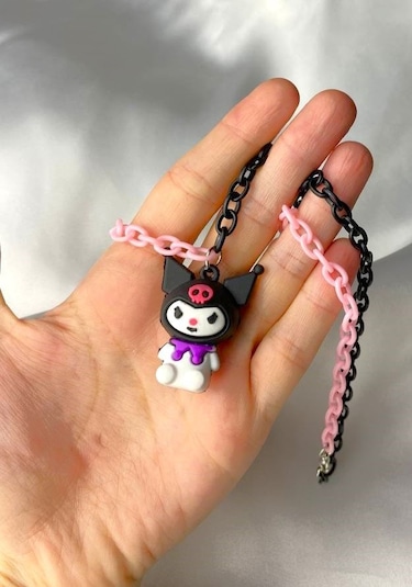 Kuromi Renkli Çocuk Kolyesi - Plastik Pembe Siyah Zincir Çok REnkli