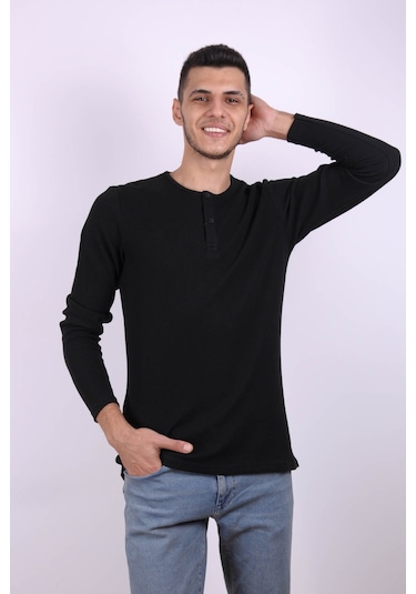 Trender Düğmeli Waffle Siyah Erkek Sweatshirt 5070 Siyah