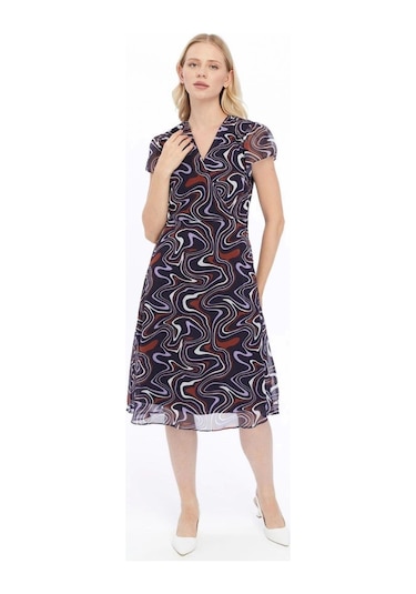 Apsen Kadın Lacivert Desen Kruvaze Yaka Midi Boy Şifon Elbise 4445-110 Lacivert