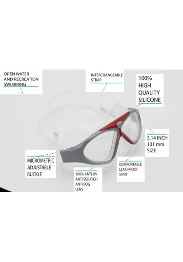 Yetişkin Yüzücü Deniz Gözlüğü Buğulanma Yapmaz Anti Fog Gri - Kırmızı