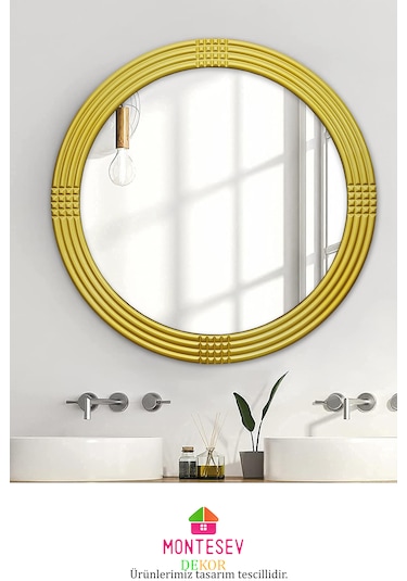 Afir Ahşap Gold Yuvarlak Ayna Işlemeli Duvar Banyo Aynası 69 Cm Gold