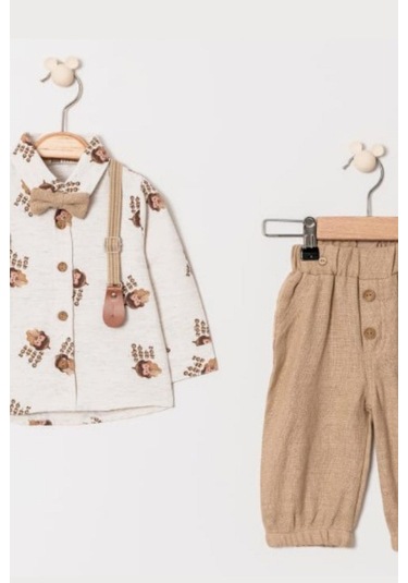Erkek Bebek Kirpi Baskılı Slopetli Papyonlu Takım Açık Kahverengi