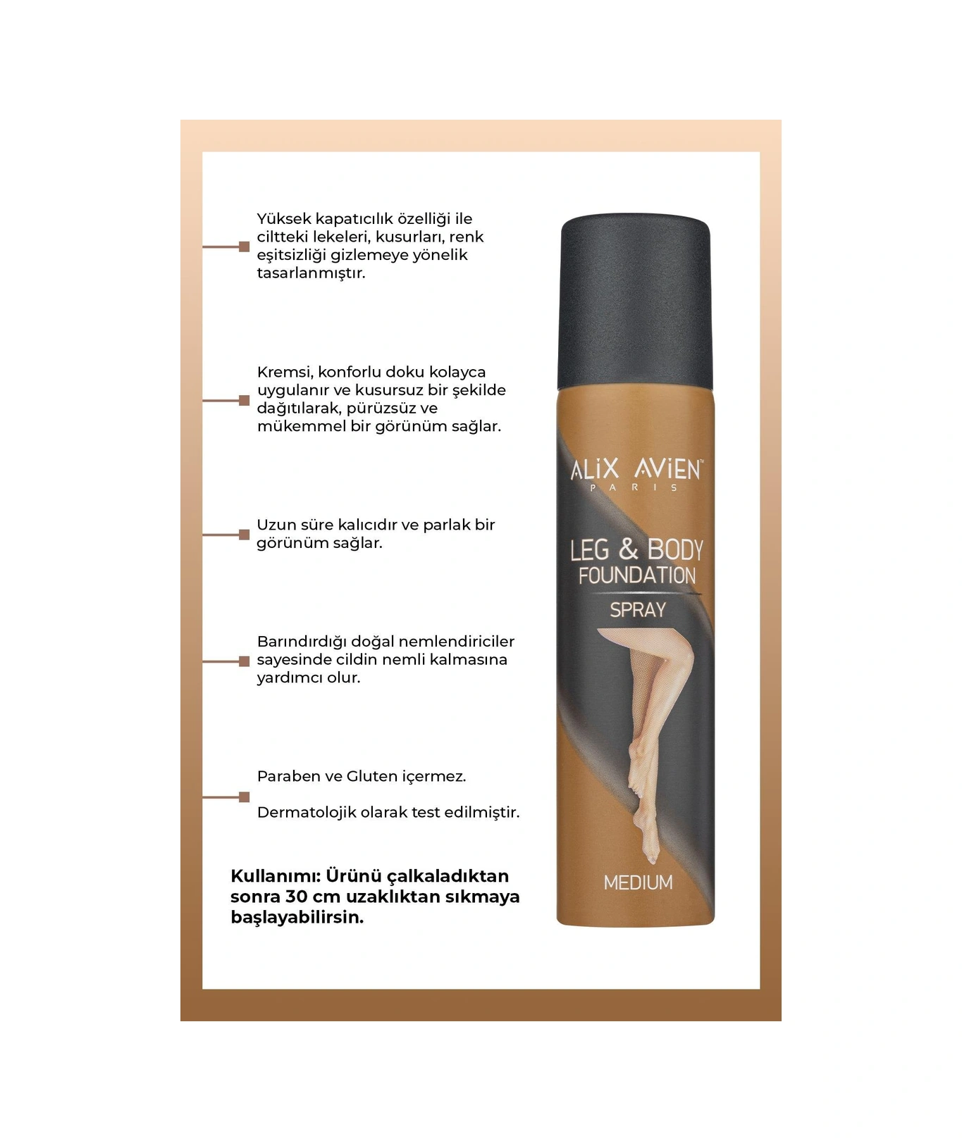 Alix Avien Bronzlaştırıcı Etkili Çatlak Ve Görünümü Önleyici Sprey Çorap Bacak Fondöteni Medium 75 ML