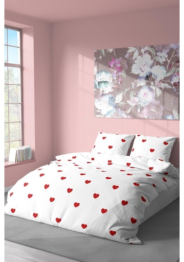 Zeynep Tekstil Nevresim + Yastık Kılıfı Çarşafsız Pamuklu Tek Kişilik Nevresim Seti Kalp Desenli Kırmızı 200 x 220