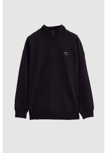 D's Damat Oversize Siyah Düz Yarım Fermuarlı Pamuklu Mevsimlik Sweatshirt 2ECE25ORT2796 Siyah