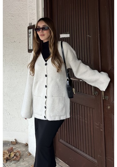 Kemik Çift Cepli Hırka - 04622 Krem