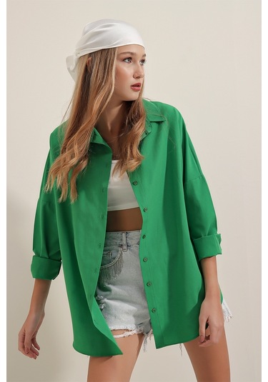 Bigdart 3900 Oversize Uzun Basic Gömlek - Yeşil 001