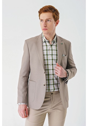 Örme Mono Yaka Çift Yırtmaç Likralı 6 Drop Slim Fit Dar Kesim Klasik Ceket 1002240138 - Bej