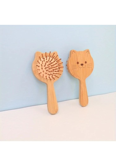 Gateesat Ahşap Renk Yumuşak Bambu Kıllı Sevimli Kedi Temalı Oval Saç Masaj Fırçası