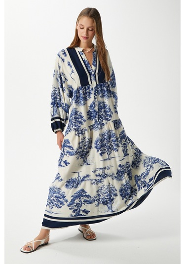 Modest Kadın Carena %100 Viskon Mavi Maksi Boy Yazlık Elbise Mavilacivertkrem Çok Renkli