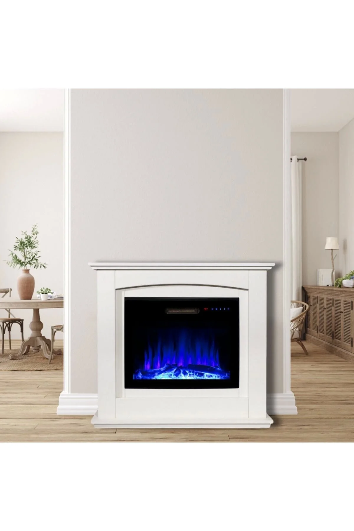 Tektes Elektrikli Şömine Kasalı 125 CM Beyaz Kasalı 8 Renkli Alev Sesli Bluetoothlu Wifi Uygulamalı