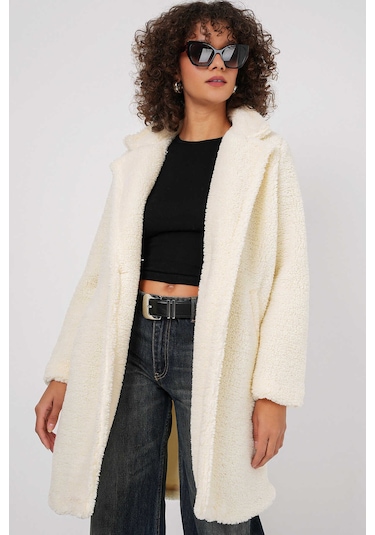 Giyim Dünyası Kadın Tek Düğme Peluş Kaban Ekru 001
