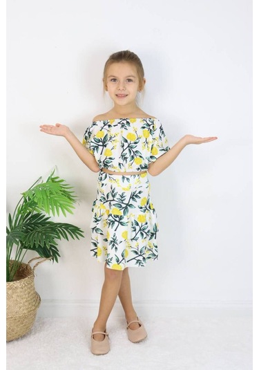 Carmen Yaka Madonna Desenli Etekli Takım - Bahar Esintisi Limon Bahçesi Etekli Takım Çok Renkli