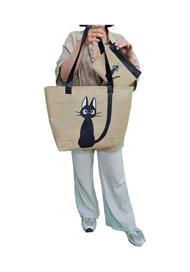 Kedi Baskılı Deri Saplı Hasır Kumaş Baskılı Plaj Çantası Açık Kahverengi