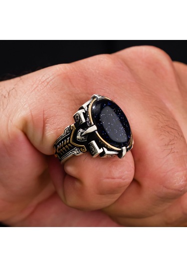 Mavi Yıldız Taşlı Tasarım 925 Ayar Gümüş Erkek Yüzük Gümüş