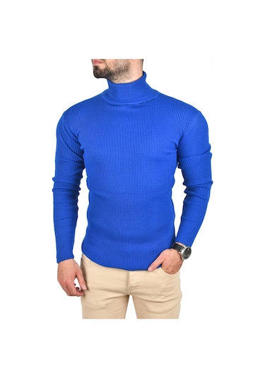 Deepsea Erkek Mavi İnce Fitilli Tam Boğazlı Balıkçı Yaka Tüylenmeyen Triko Kazak 2505498 Mavi
