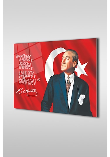 Atatürk Ve Türk Bayrağı Özel Tasarım Yatay Cam Tablo