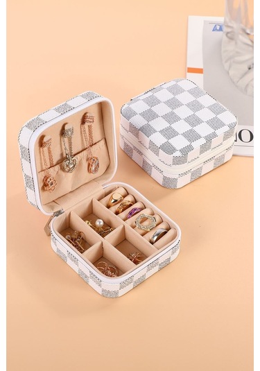 Chavin Beyaz Deri Seyahat Yüzük Küpe Kolye Takı Kutusu St1-66by Beyaz