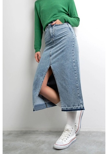 Kaizer Denim Kadın Ortadan Yırtmaçlı Etek Buz Mavi