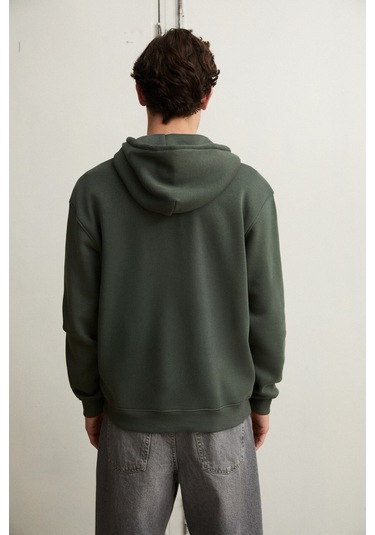 Grimelange Justus Erkek Kapüşonlu Kanguru Cepli Fermuar Yakalı Yeşil Sweatshirt Yeşil