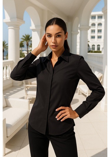 Kadın Siyah Viskon Gizli Düğme Detaylı Slim Fit Trend Gömlek Çok Renkli