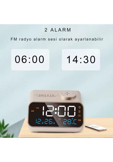 Shopytech Fm Radyo Dijital Çalar Saat Led Ekranlı Masa Saati Sıcaklık Nem Göstergesi 2 Usb Şarj Çıkı Beyaz