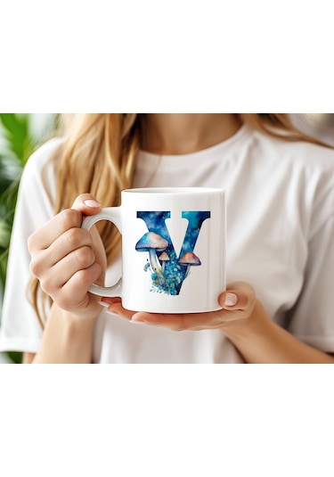 V Baş Harfi Fantastik Mantarlı Kupa Bardak - Kişiye Özel Masalsı Bardak - Hediye Beyaz